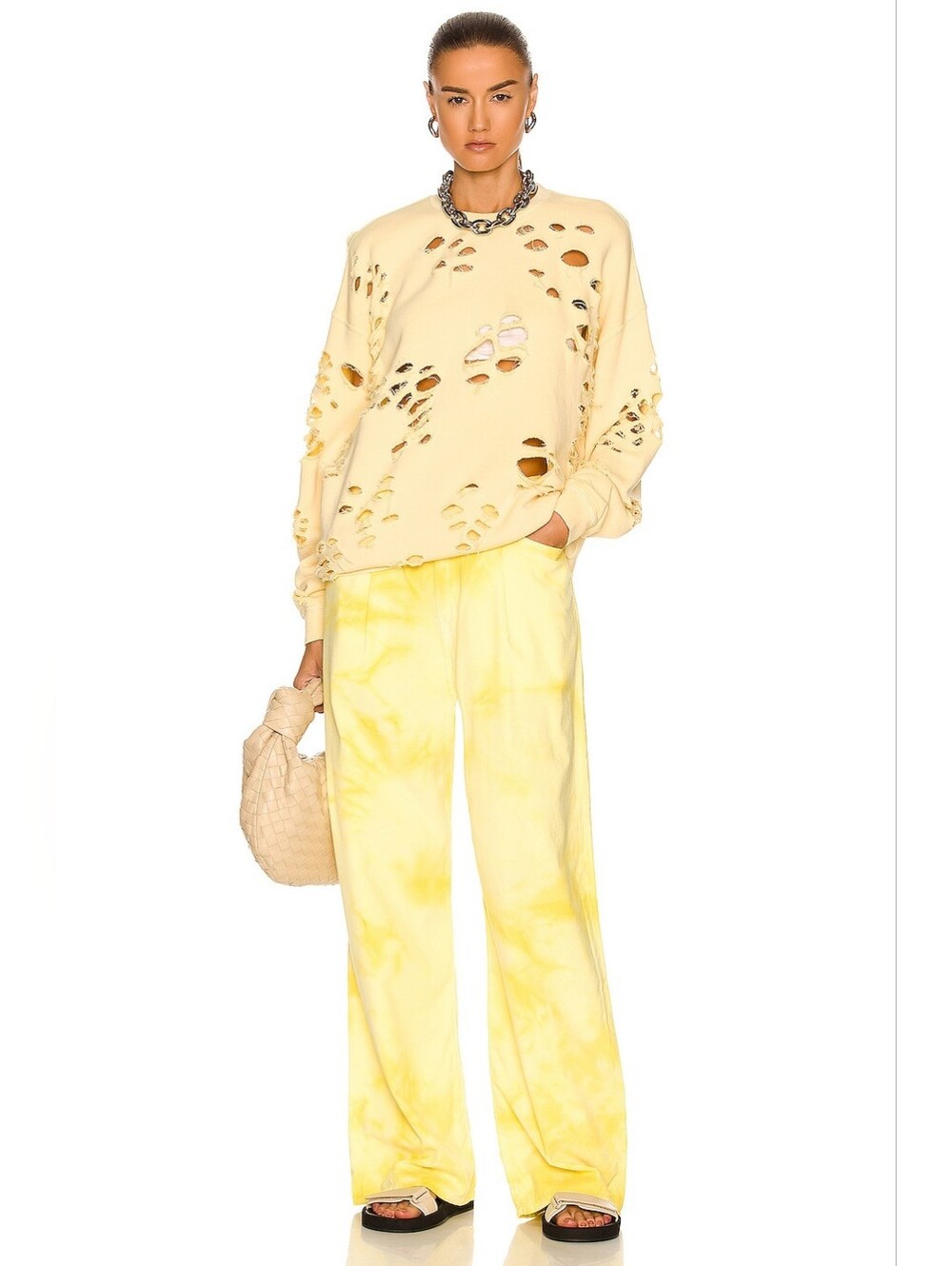 R13 Super Distressed Oversized Crewneck Sweatshirt In Washed Yellow XS Org $450 - Picture 4 of 14